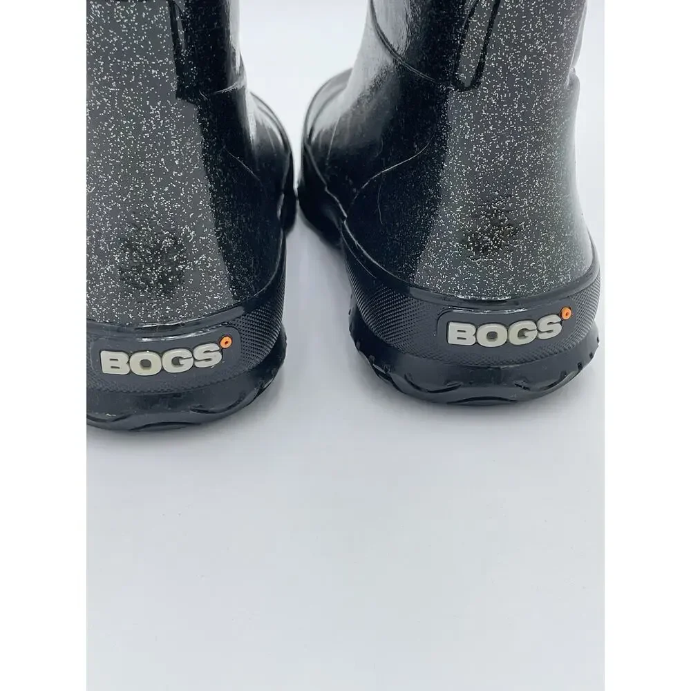 Bogs K NBT Glitter Boots Kids Size 11 Black Waterproof Rain Pull On Mid Calf